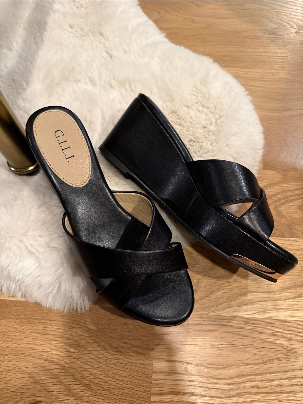 G.I.L.I. Black Crisscross Slide Mules with Low Wedge